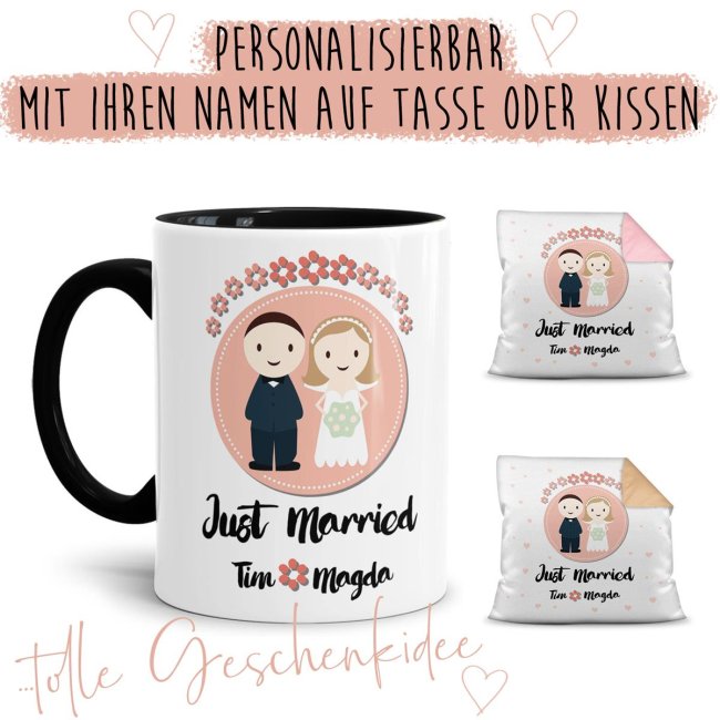 Tassen und Kissen zur Hochzeit - Just Married - mit Namen beschriften