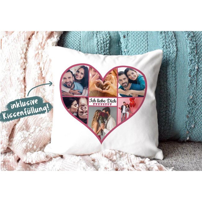 Kissen - Herzcollage mit 6 Fotos - Ich liebe Dich - Design Pink - R&uuml;ckseite Pink