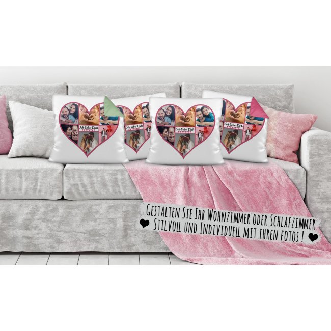 Kissen - Herzcollage mit 6 Fotos - Ich liebe Dich - Design Pink - R&uuml;ckseite Pink