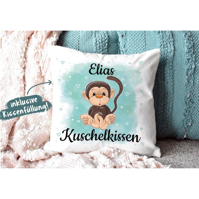 Kinderkissen mit Tiermotiv und Wunschname - Affe - Wei&szlig; flauschig