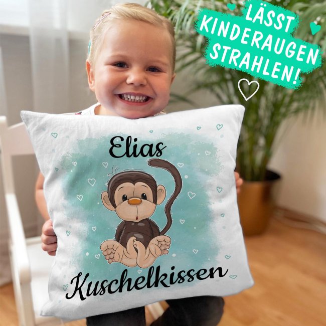 Kinderkissen mit Tiermotiv und Wunschname - Affe - Wei&szlig; flauschig