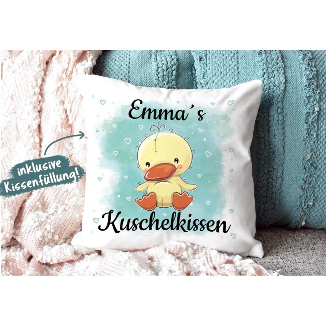 Kinderkissen mit Tiermotiv und Wunschname - Ente - Wei&szlig;