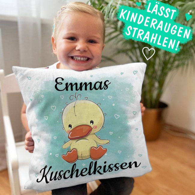 Kinderkissen mit Tiermotiv und Wunschname - Ente - Wei&szlig;