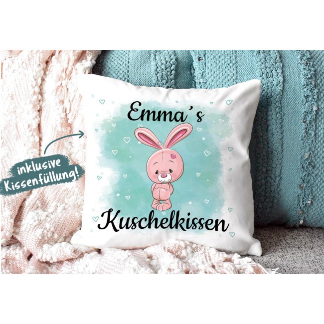 Kinderkissen mit Tiermotiv und Wunschname - Hase - Wei&szlig; flauschig