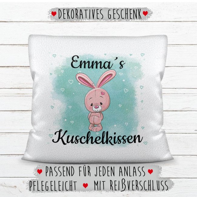 Kinderkissen mit Tiermotiv und Wunschname - Hase - Wei&szlig; flauschig