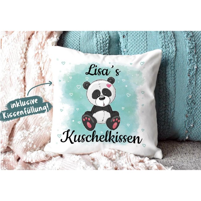 Kinderkissen mit Tiermotiv und Wunschname - Panda - Wei&szlig;