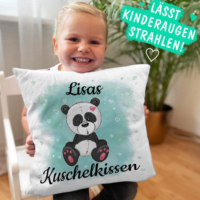 Kinderkissen mit Tiermotiv und Wunschname - Panda - Wei&szlig;