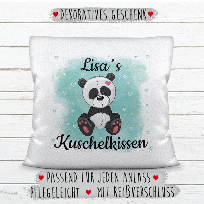 Kinderkissen mit Tiermotiv und Wunschname - Panda - Wei&szlig; flauschig