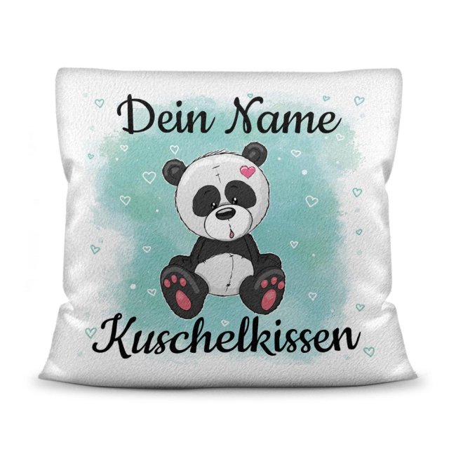 Kinderkissen mit Tiermotiv und Wunschname - Panda - Wei&szlig; flauschig