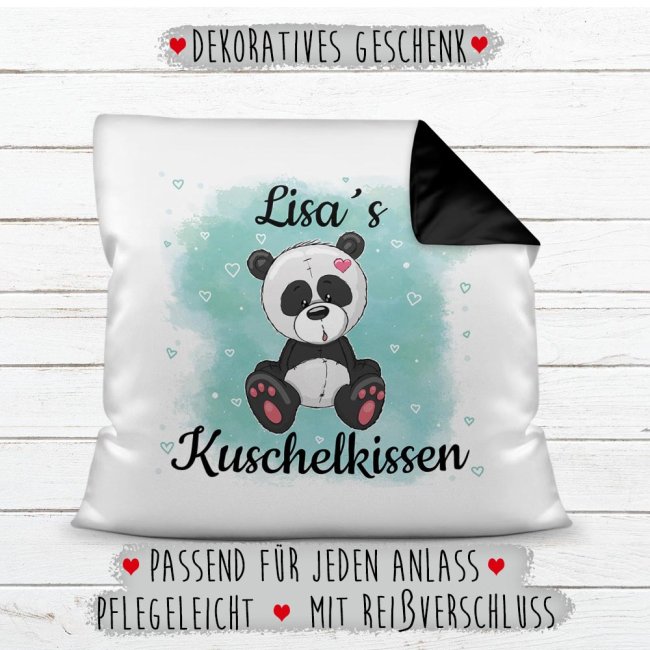 Kinderkissen mit Tiermotiv und Wunschname - Panda - R&uuml;ckseite Schwarz