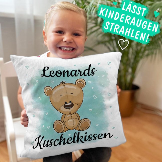 Kinderkissen mit Tiermotiv und Wunschname - Teddy braun - Wei&szlig;