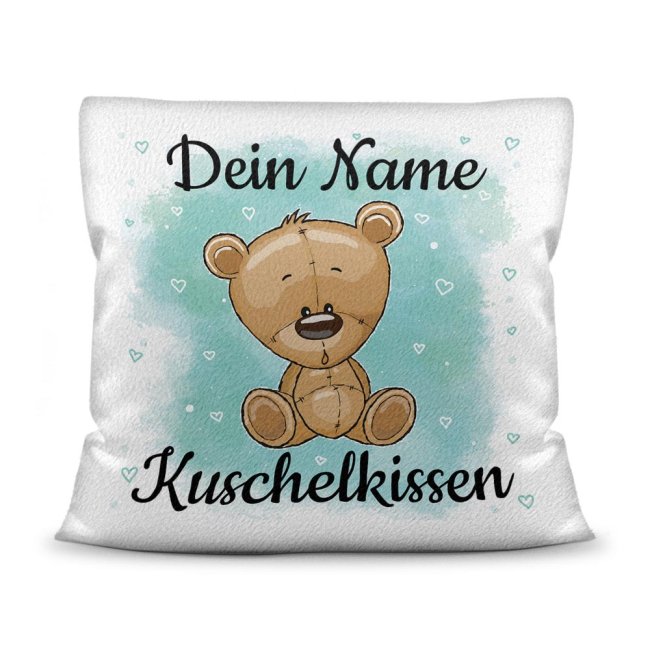 Kinderkissen mit Tiermotiv und Wunschname - Teddy braun - Wei&szlig; flauschig