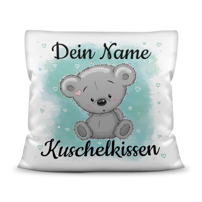 Kinderkissen mit Tiermotiv und Wunschname - Teddy grau - Wei&szlig;