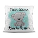 Kinderkissen mit Tiermotiv und Wunschname - Teddy grau -...