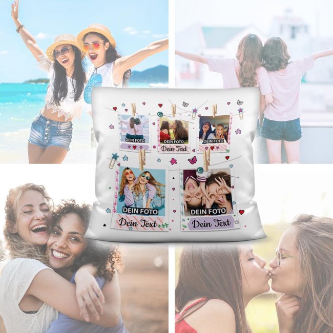 Kissen - Polaroid-Design - Beste Freundinnen - mit f&uuml;nf Fotos  - Wei&szlig;