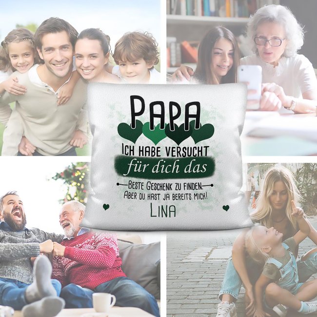 Kissen - Geschenk f&uuml;r Papa von Kind - in Dunkelgr&uuml;n mit Wunschname - wei&szlig;-flauschig