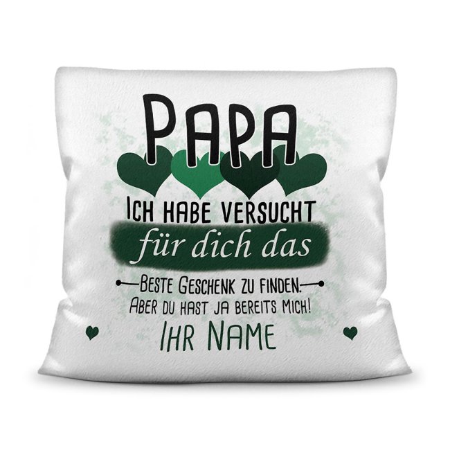 Kissen - Geschenk f&uuml;r Papa von Kind - in Dunkelgr&uuml;n mit Wunschname - wei&szlig;-flauschig