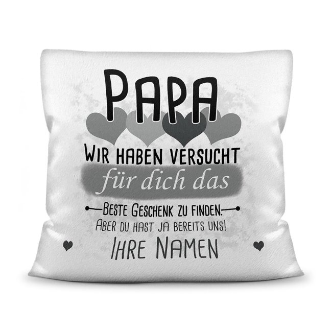 Kissen - Geschenk f&uuml;r Papa von Kindern - in Grau mit Wunschnamen - wei&szlig;-flauschig