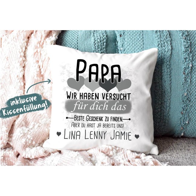 Kissen - Geschenk f&uuml;r Papa von Kindern - in Grau mit Wunschnamen - wei&szlig;-flauschig