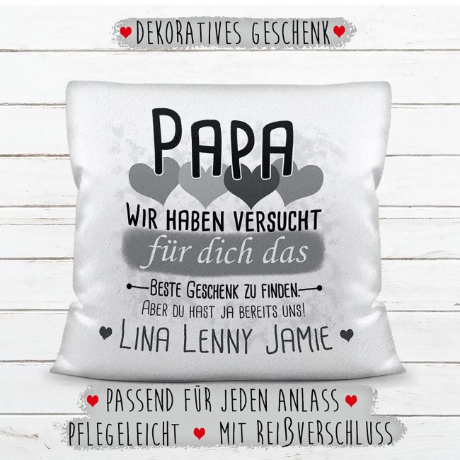 Kissen - Geschenk f&uuml;r Papa von Kindern - in Grau mit Wunschnamen - wei&szlig;-flauschig