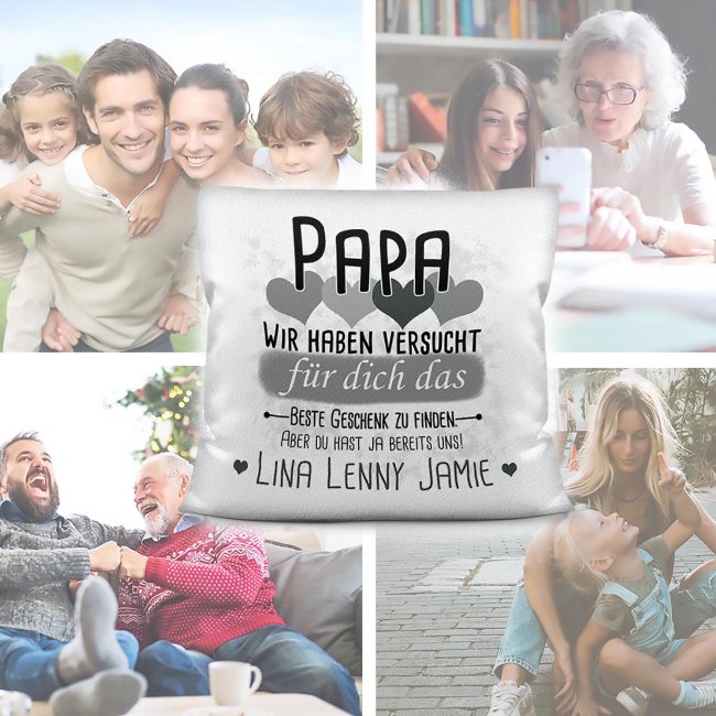Kissen - Geschenk f&uuml;r Papa von Kindern - in Grau mit Wunschnamen - wei&szlig;-flauschig