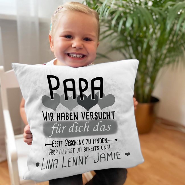 Kissen - Geschenk f&uuml;r Papa von Kindern - in Grau mit Wunschnamen - wei&szlig;-flauschig