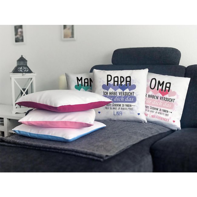 Kissen - Geschenk f&uuml;r Papa von Kindern - in Grau mit Wunschnamen - wei&szlig;-flauschig