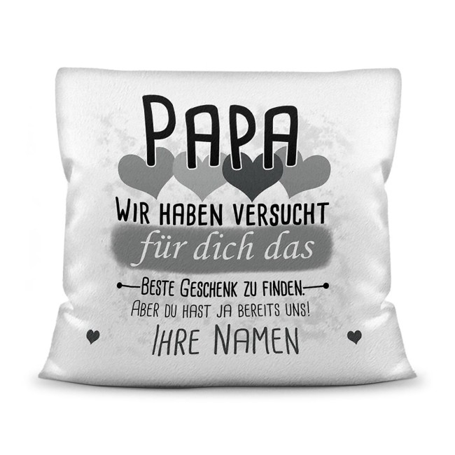 Kissen - Geschenk f&uuml;r Papa von Kindern - in Grau mit Wunschnamen - wei&szlig;-flauschig