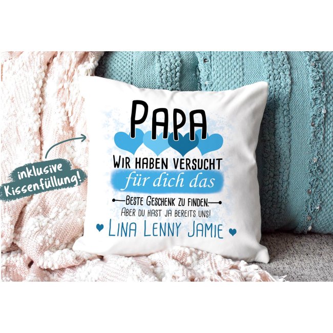 Kissen - Geschenk f&uuml;r Papa von Kindern - in Hellblau mit Wunschnamen - wei&szlig;-glatt