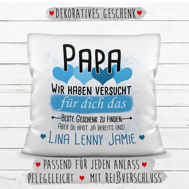 Kissen - Geschenk f&uuml;r Papa von Kindern - in Hellblau mit Wunschnamen - wei&szlig;-glatt