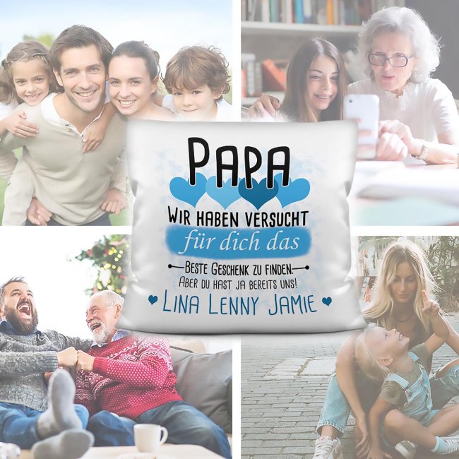 Kissen - Geschenk f&uuml;r Papa von Kindern - in Hellblau mit Wunschnamen - wei&szlig;-glatt