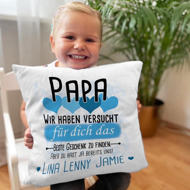 Kissen - Geschenk f&uuml;r Papa von Kindern - in Hellblau mit Wunschnamen - wei&szlig;-glatt