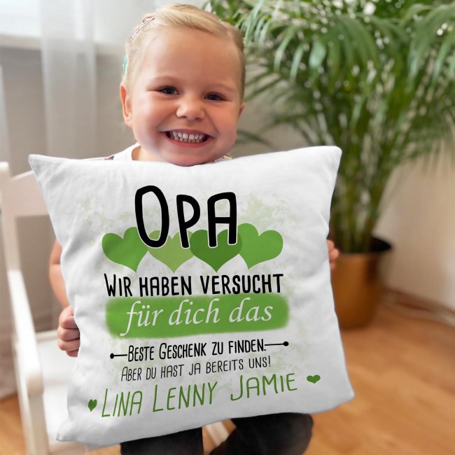 Kissen - Geschenk f&uuml;r Opa von Kindern - in Hellgr&uuml;n mit Wunschnamen - wei&szlig;-glatt