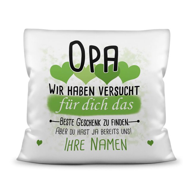 Kissen - Geschenk f&uuml;r Opa von Kindern - in Hellgr&uuml;n mit Wunschnamen - wei&szlig;-glatt