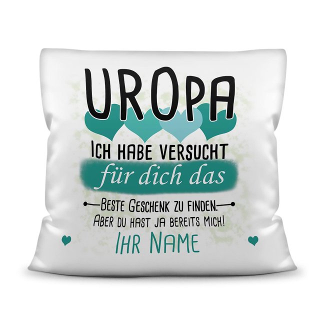 Kissen - Geschenk f&uuml;r Uropa von Kind - in T&uuml;rkis mit Wunschname - wei&szlig;-glatt