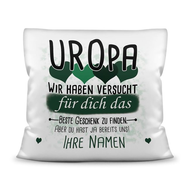 Kissen - Geschenk f&uuml;r Uropa von Kindern - in Dunkelgr&uuml;n mit Wunschnamen - wei&szlig;-glatt