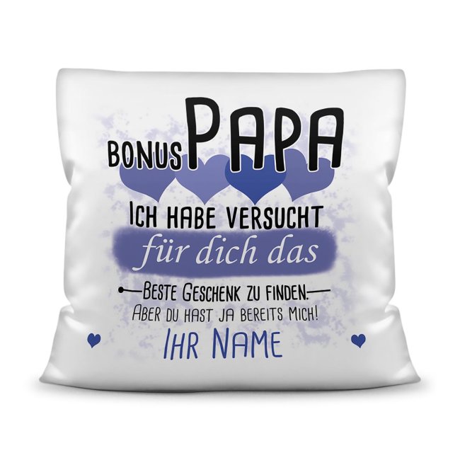 Kissen - Geschenk f&uuml;r Bonus Papa von Kind - in Blau mit Wunschname - wei&szlig;-glatt