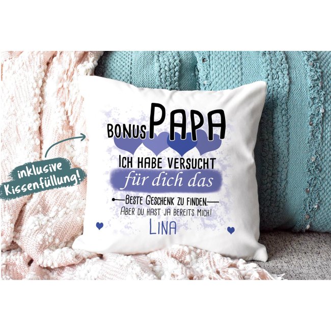 Kissen - Geschenk f&uuml;r Bonus Papa von Kind - in Blau mit Wunschname - wei&szlig;-glatt