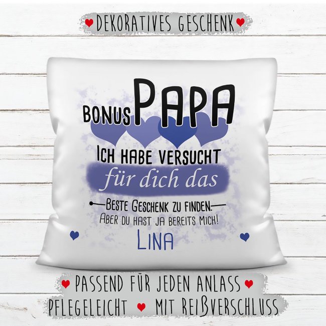 Kissen - Geschenk f&uuml;r Bonus Papa von Kind - in Blau mit Wunschname - wei&szlig;-glatt