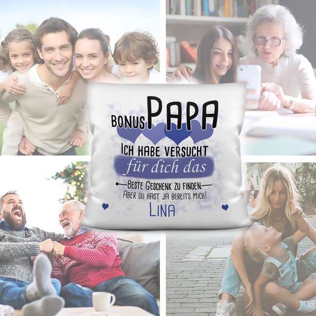 Kissen - Geschenk f&uuml;r Bonus Papa von Kind - in Blau mit Wunschname - wei&szlig;-glatt