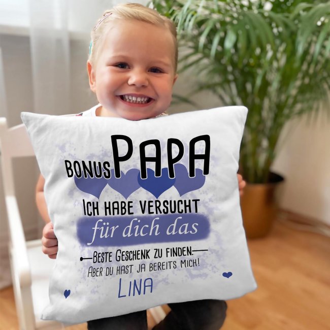 Kissen - Geschenk f&uuml;r Bonus Papa von Kind - in Blau mit Wunschname - wei&szlig;-glatt