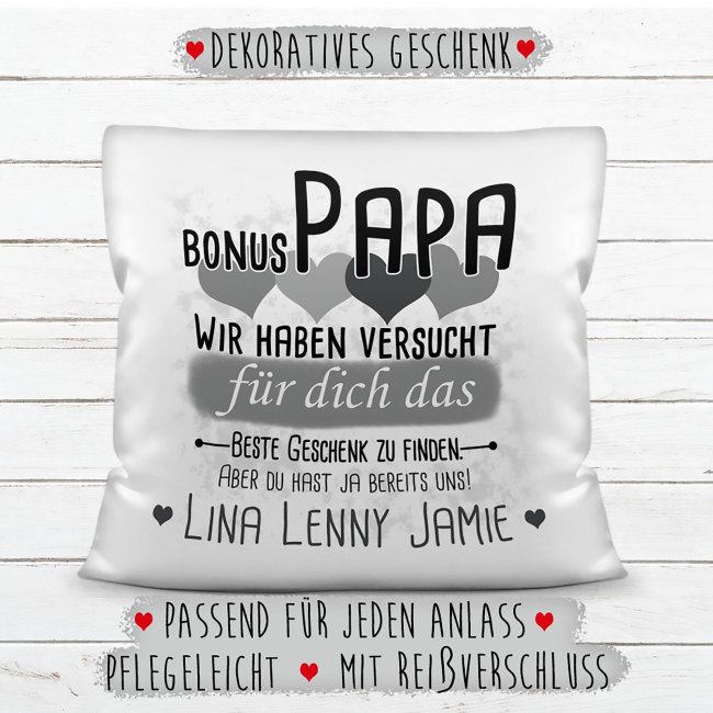 Kissen - Geschenk f&uuml;r Bonus Papa von Kindern - in Grau mit Wunschnamen - wei&szlig;-glatt