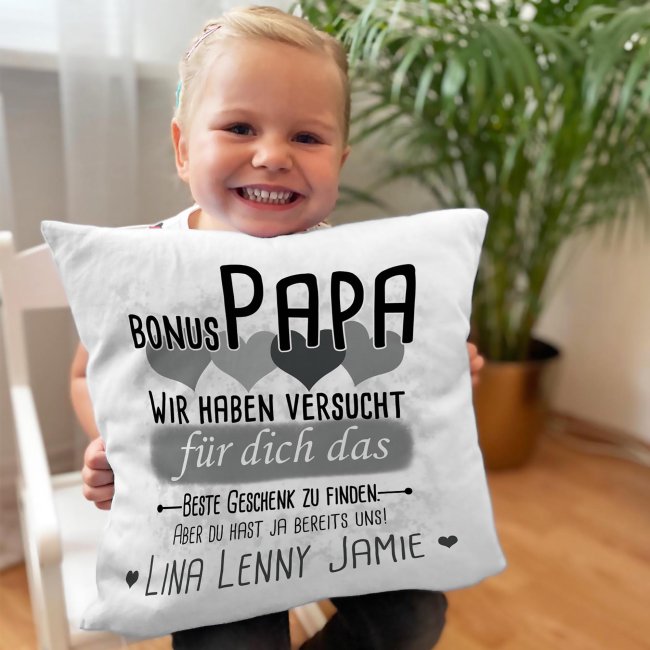 Kissen - Geschenk f&uuml;r Bonus Papa von Kindern - in Grau mit Wunschnamen - wei&szlig;-glatt