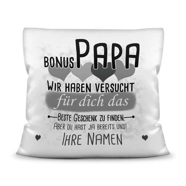 Kissen - Geschenk f&uuml;r Bonus Papa von Kindern - in Grau mit Wunschnamen - wei&szlig;-glatt