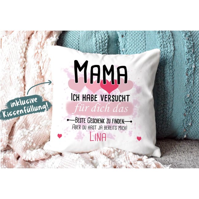 Kissen - Bestes Geschenk f&uuml;r Mama von einem Kind - mit Wunschname in Rosa - wei&szlig;-flauschig