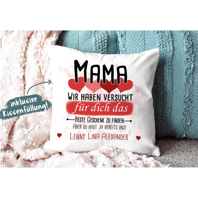 Kissen - Bestes Geschenk f&uuml;r Mama von mehr Kindern - mit Wunschnamen in Rot - wei&szlig;