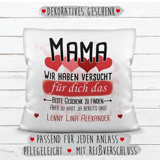 Kissen - Bestes Geschenk f&uuml;r Mama von mehr Kindern - mit Wunschnamen in Rot - wei&szlig;