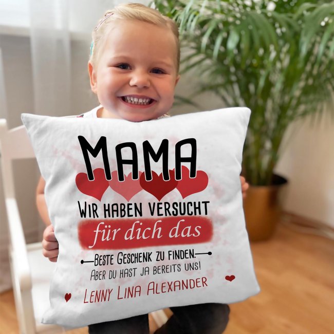 Kissen - Bestes Geschenk f&uuml;r Mama von mehr Kindern - mit Wunschnamen in Rot - wei&szlig;