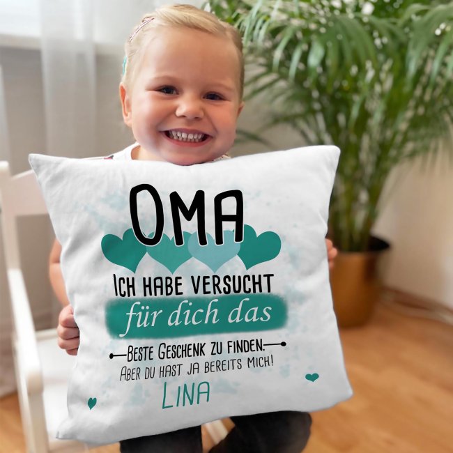 Kissen - Bestes Geschenk f&uuml;r Oma von einem Kind - mit Wunschname in T&uuml;rkis - wei&szlig;