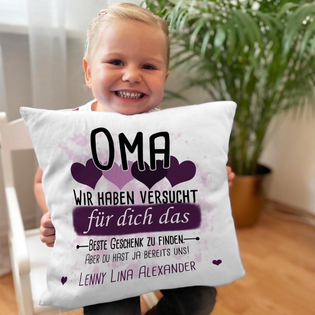 Kissen - Bestes Geschenk f&uuml;r Oma von mehr Kindern - mit Wunschnamen in Lila - wei&szlig;